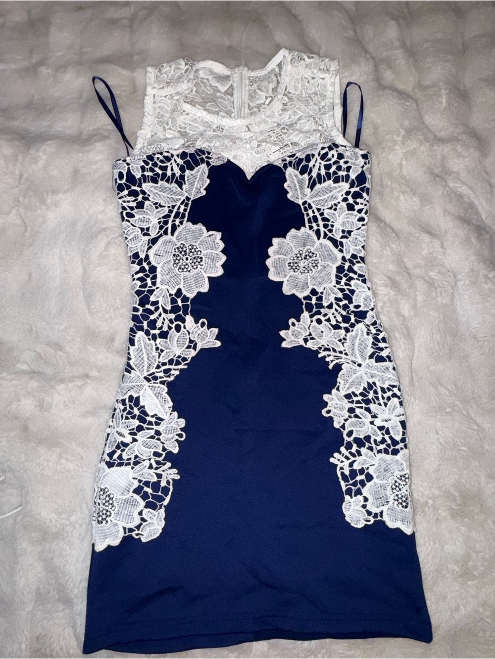 Women’s Navy Blue Dress with White Lace Overlay